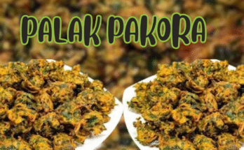 Step-by-step image showing how to make crispy Palak Pakora at home with golden fried spinach fritters served with mint chutney.