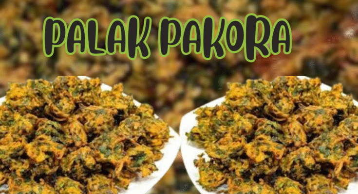 Step-by-step image showing how to make crispy Palak Pakora at home with golden fried spinach fritters served with mint chutney.